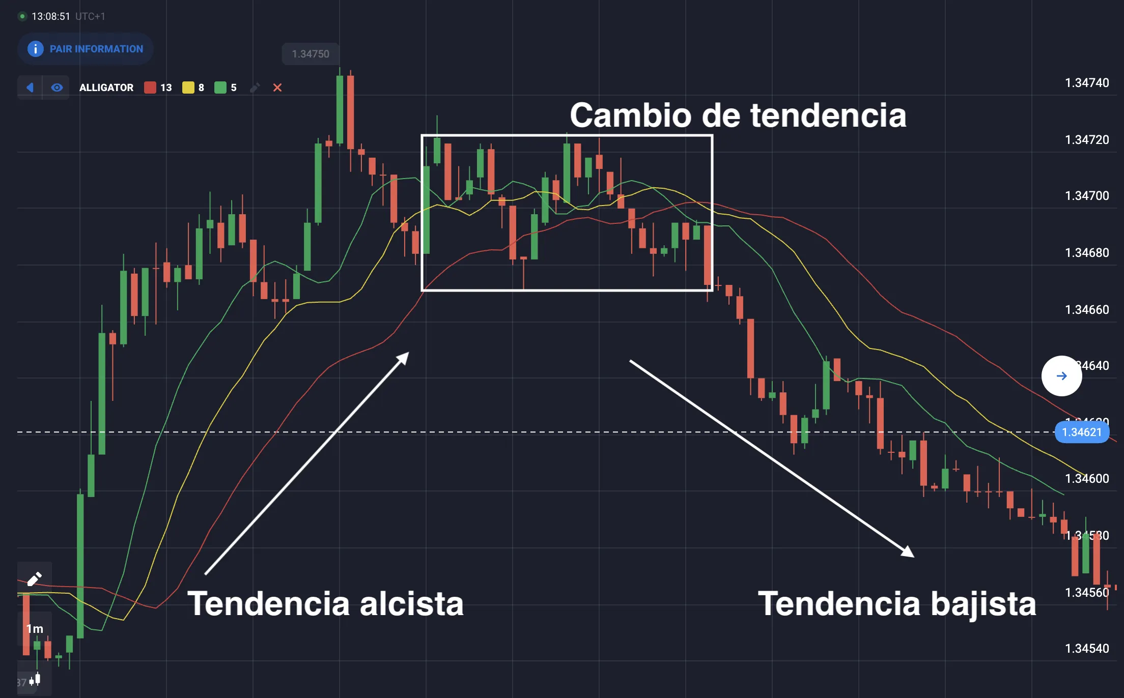 Las tres líneas del Alligator sobre el gráfico