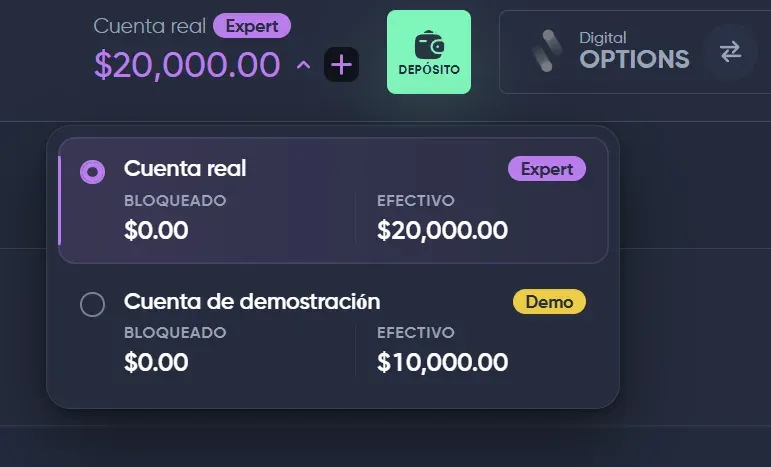 Selector de cuentas de BinoDex con la cuenta real en 20 000 dólares y la de demostración en 10 000