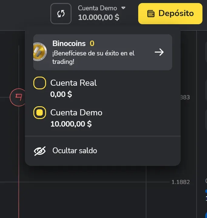 Menú de cuentas de Binomo con la cuenta demo seleccionada y 10 000 dólares de saldo