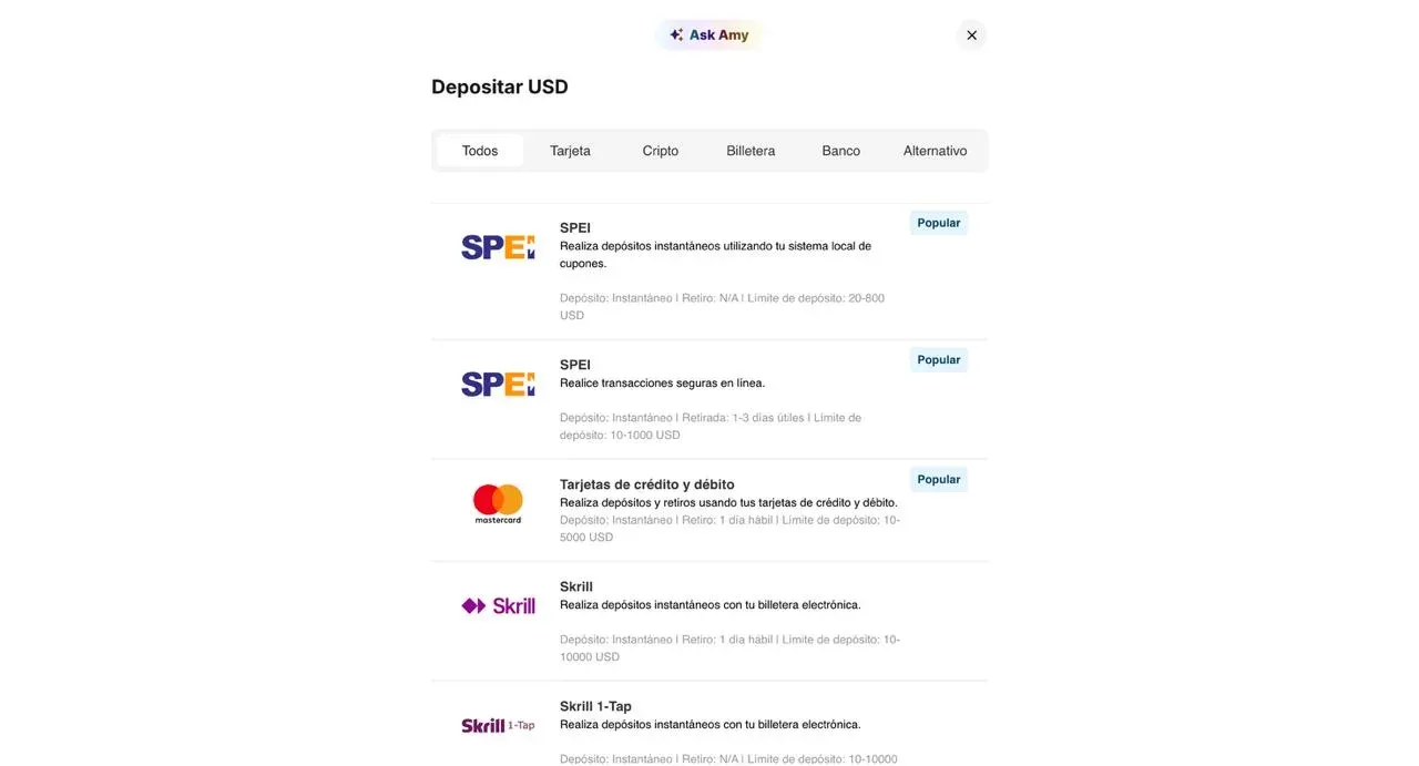 Caja de Deriv con los métodos para depositar en dólares: dos procesadores de SPEI, tarjetas de crédito y débito y Skrill