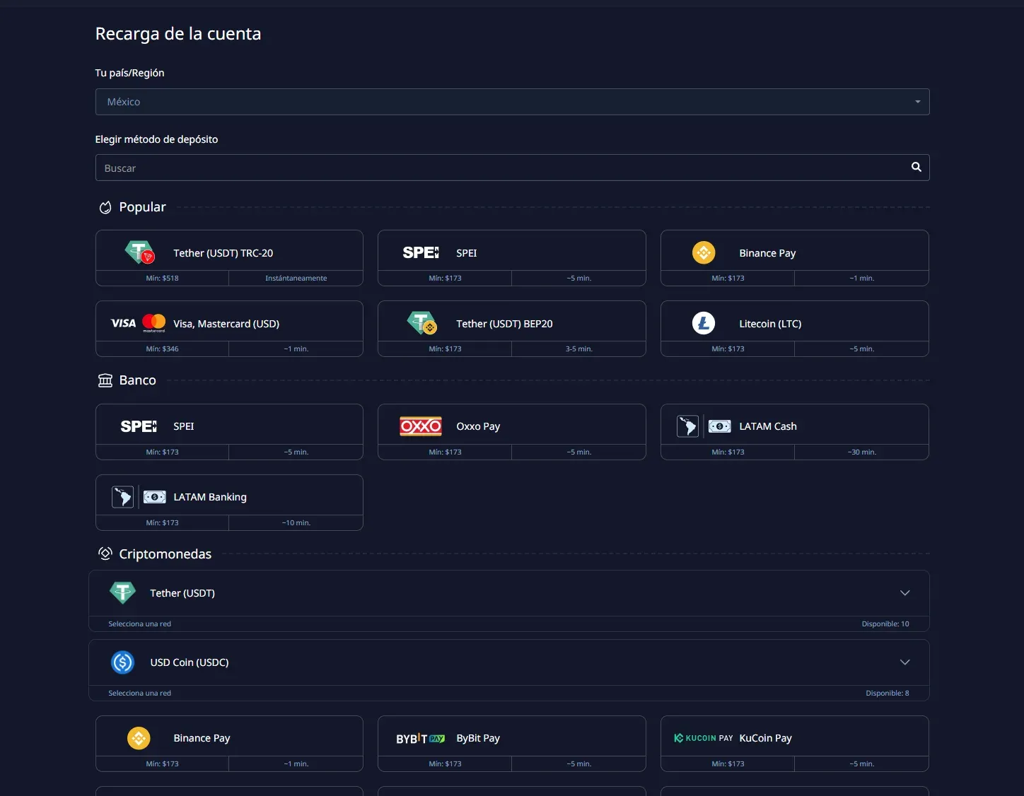 Caja de Pocket Option con los métodos de depósito: SPEI, Oxxo Pay, LATAM Cash, tarjetas y criptomonedas