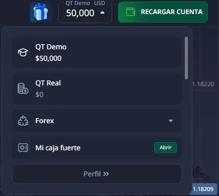 Selector de cuentas de Pocket Option con la demo activa y 50 000 dólares de saldo de práctica