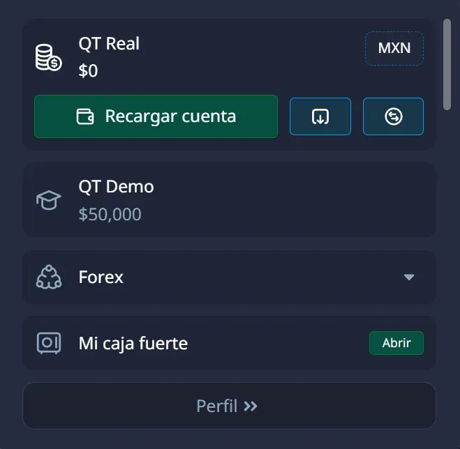 Menú de cuentas de Pocket Option: la cuenta real con la etiqueta MXN y la cuenta demo con 50 000