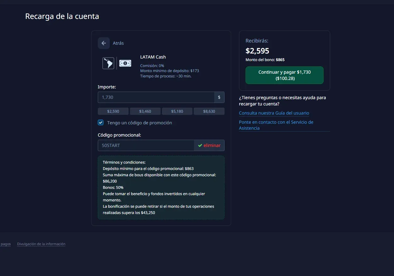 Caja de Pocket Option con el código 50START aplicado y sus condiciones: bono del 50 % y volumen exigido para poder retirarlo