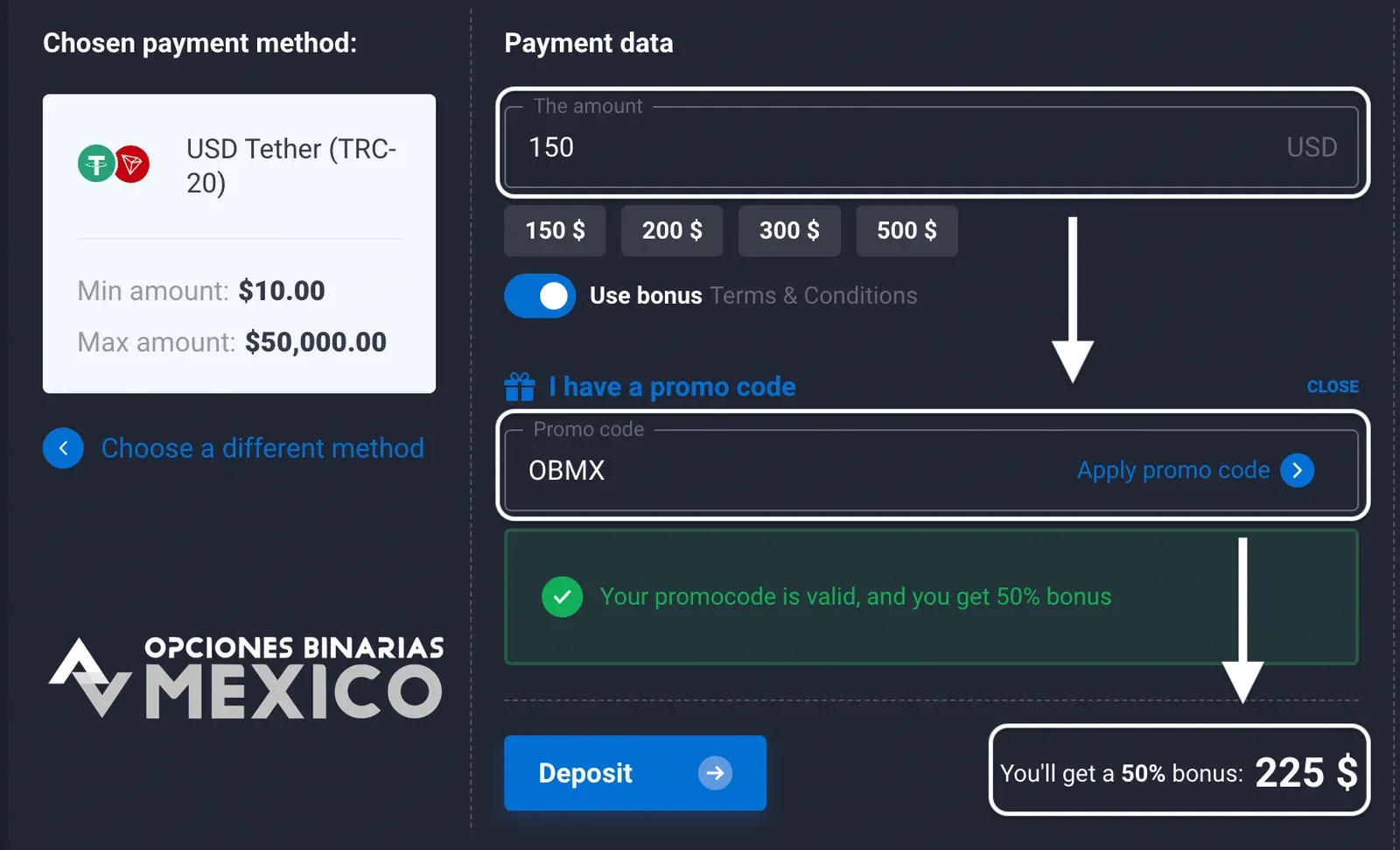 Caja de Quotex con 150 dólares en el importe, el código OBMX en el campo de promoción y el mensaje de que el código es válido y da un 50 % de bono