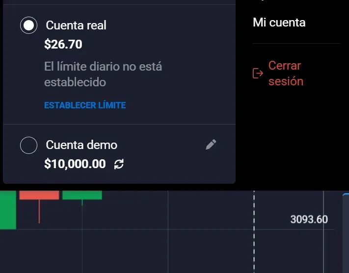 Selector de cuenta de Quotex con la cuenta real y la cuenta demo de 10 000 dólares