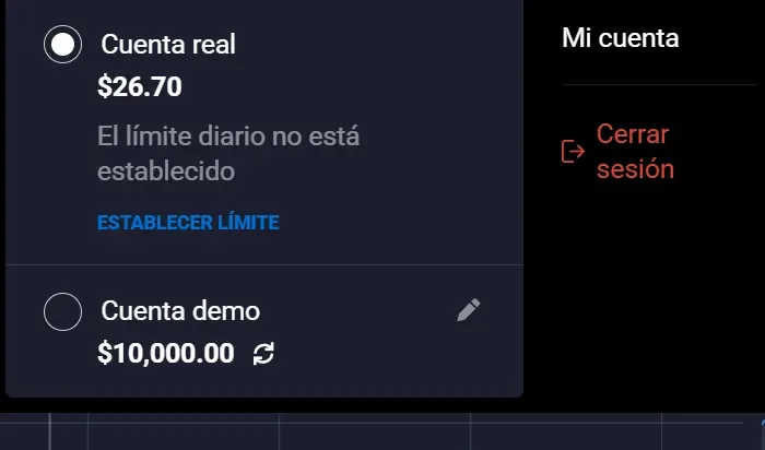 Selector de cuenta de Quotex: la cuenta real con 26,70 dólares y la cuenta demo con 10 000