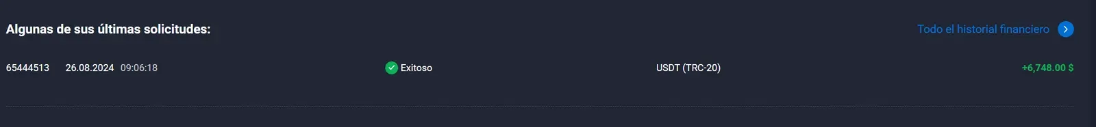 Historial financiero de Quotex con una solicitud del 26 de agosto de 2024 por 6748 dólares en USDT TRC-20 y estado Exitoso