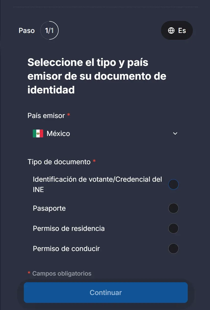 Formulario de Quotex para elegir el país emisor y el tipo de documento: INE, pasaporte, permiso de residencia o licencia de conducir